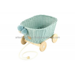 Nice Looking Dirty Mint Wicker Pull Cart  Baby Toddler Toys Rattan Doll Prams Rattan Wicker Stroller handmade in Vietnam