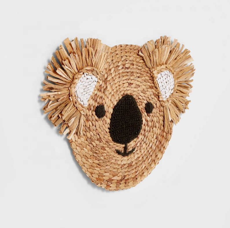 Hot Animal Cartoon Head Wall Hangings For Kids Bedroom Home Decor Water Hyacinth Koala Head Wall Decor Natural