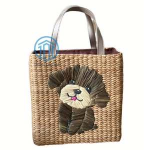 Lovely animal theme collection water hyacinth dog pattern summer women's handbags Boho Bohemian Handwoven Straw Bag