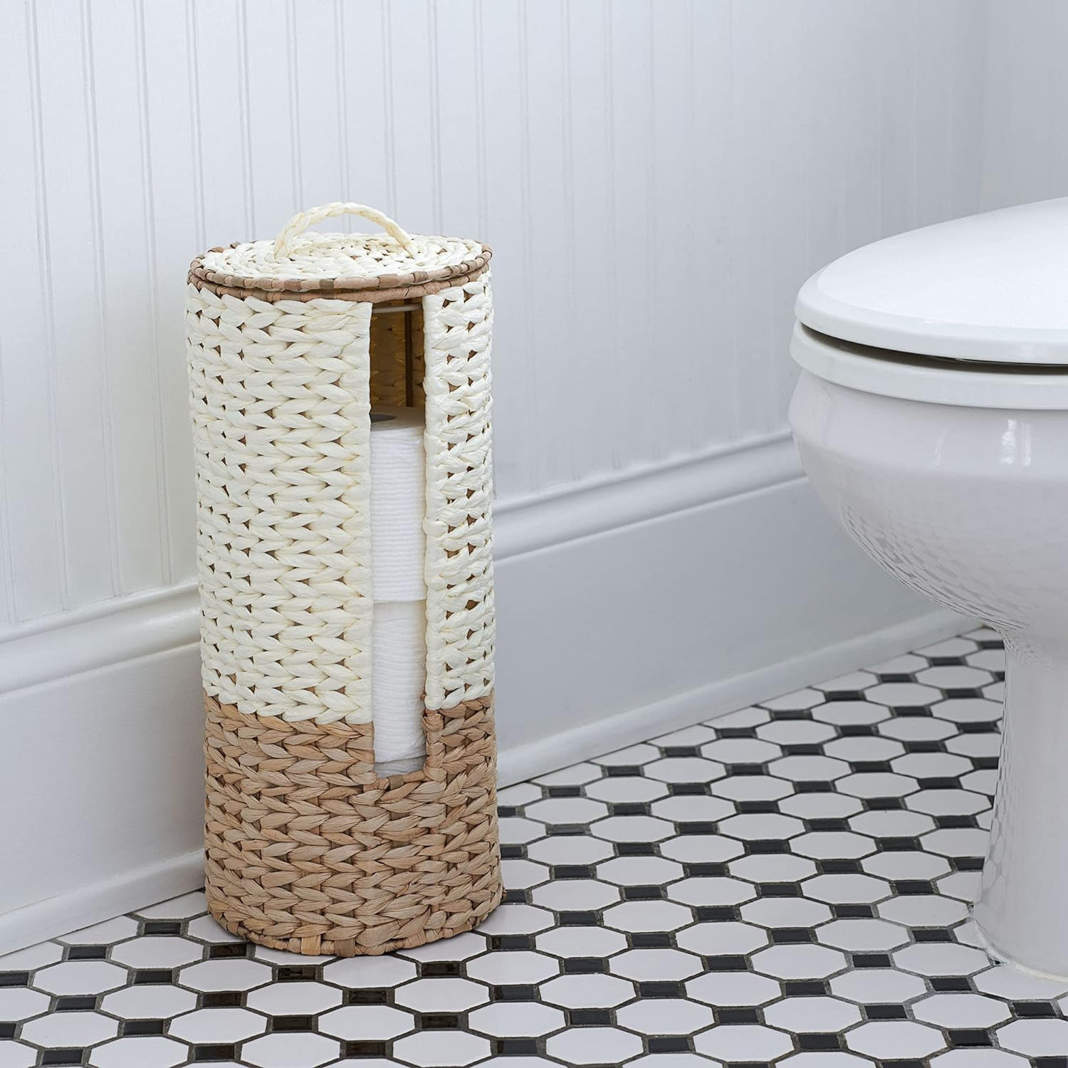 Essentials Set of 3 Pieces Hand Woven Water Hyacinth Garbage Bin Toilet Paper Holder and Tissue Box For Bathroom