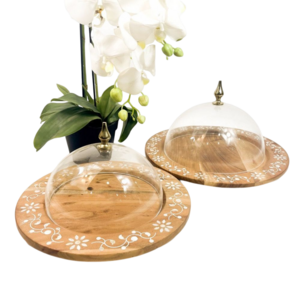 Mother of pearl inlay Wooden MOP Plate Food and Fruit Trays Round Serving Tray with Acrylic Lid Arabian Eid Ramadan Gifts