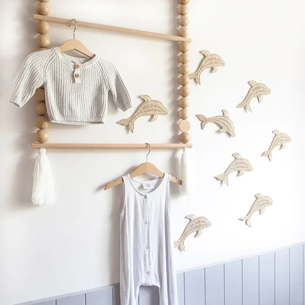 Decoration Nursery Kid Wall Art Hanging Natural Rattan Dolphin Wall Decal Set Boho Baby Girl Nursery Wall Decor