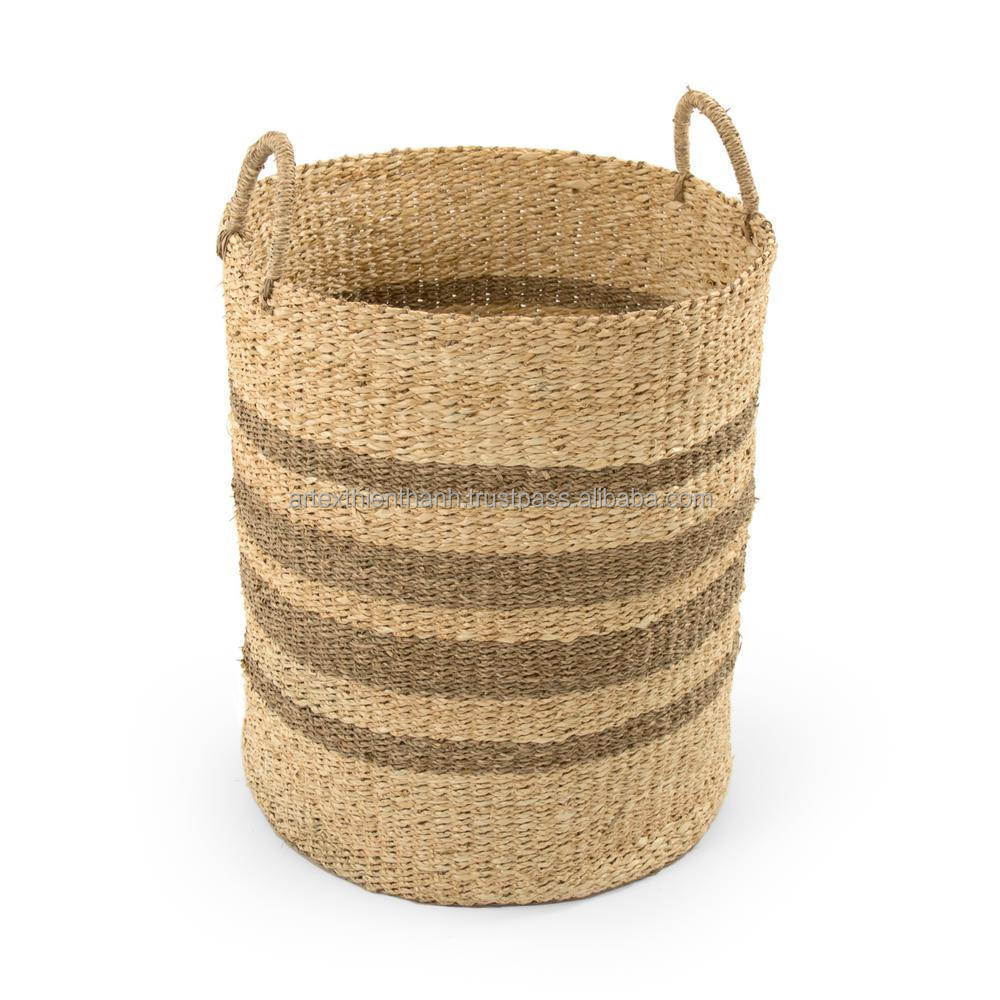 Factory Basket In Door Sea Grass Straw Material High Quality Home Handmade Woven Decorative Storage Laundry Baskets