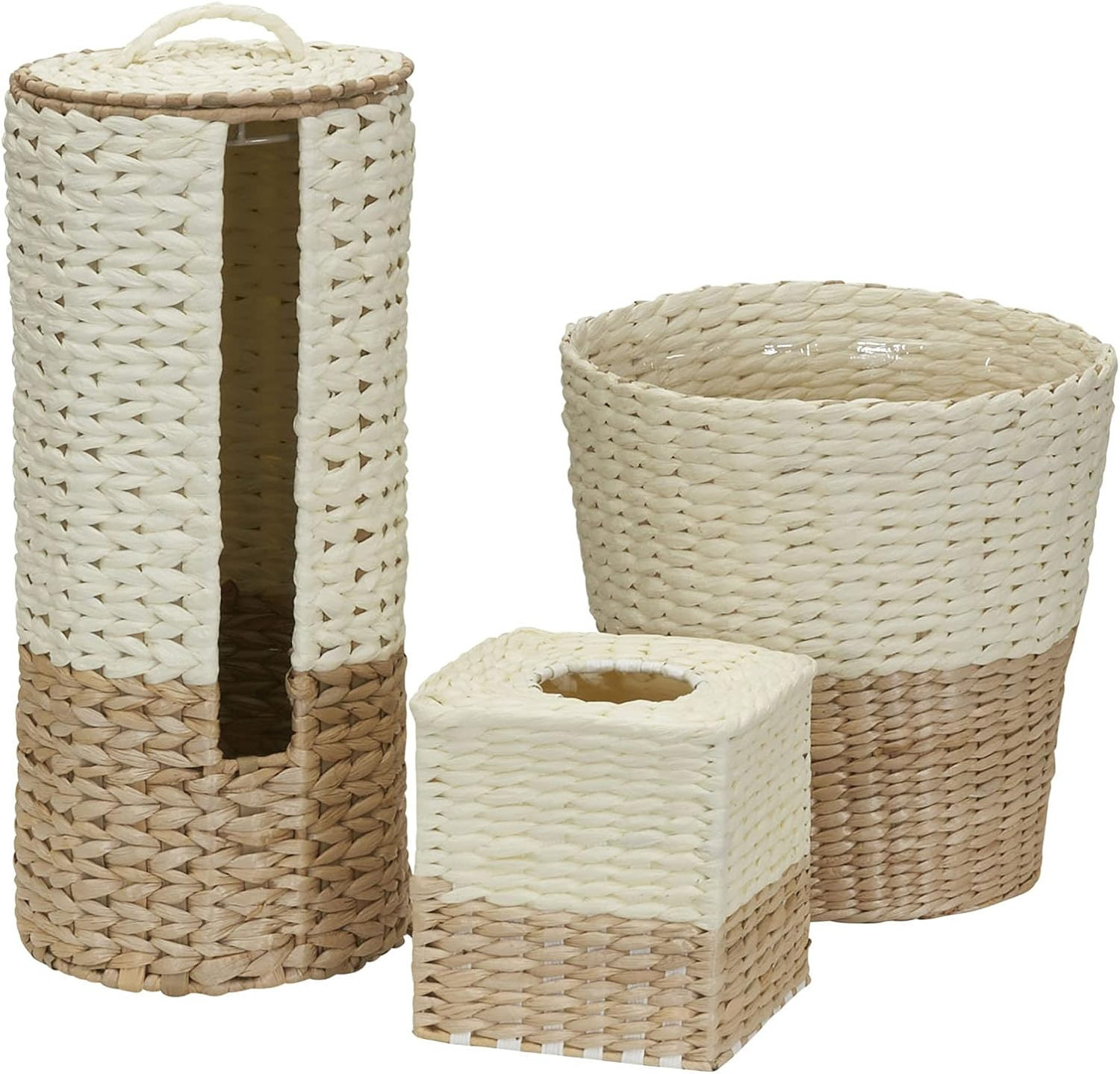 Essentials Set of 3 Pieces Hand Woven Water Hyacinth Garbage Bin Toilet Paper Holder and Tissue Box For Bathroom