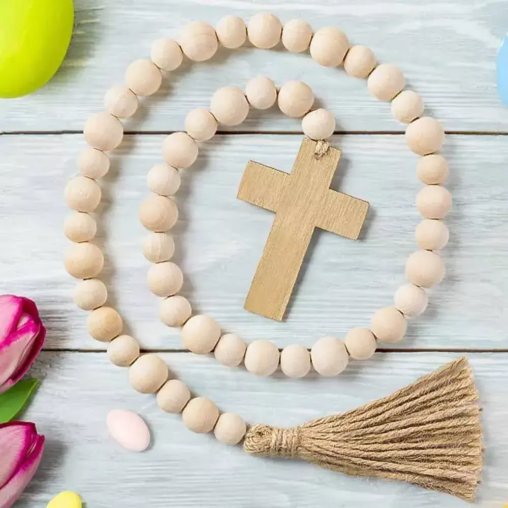 Easter Wood Bead Garland With Cross Tassel Hanging Ornament Home Decor For Garden Farmhouse Front Door Decoration Wholesale