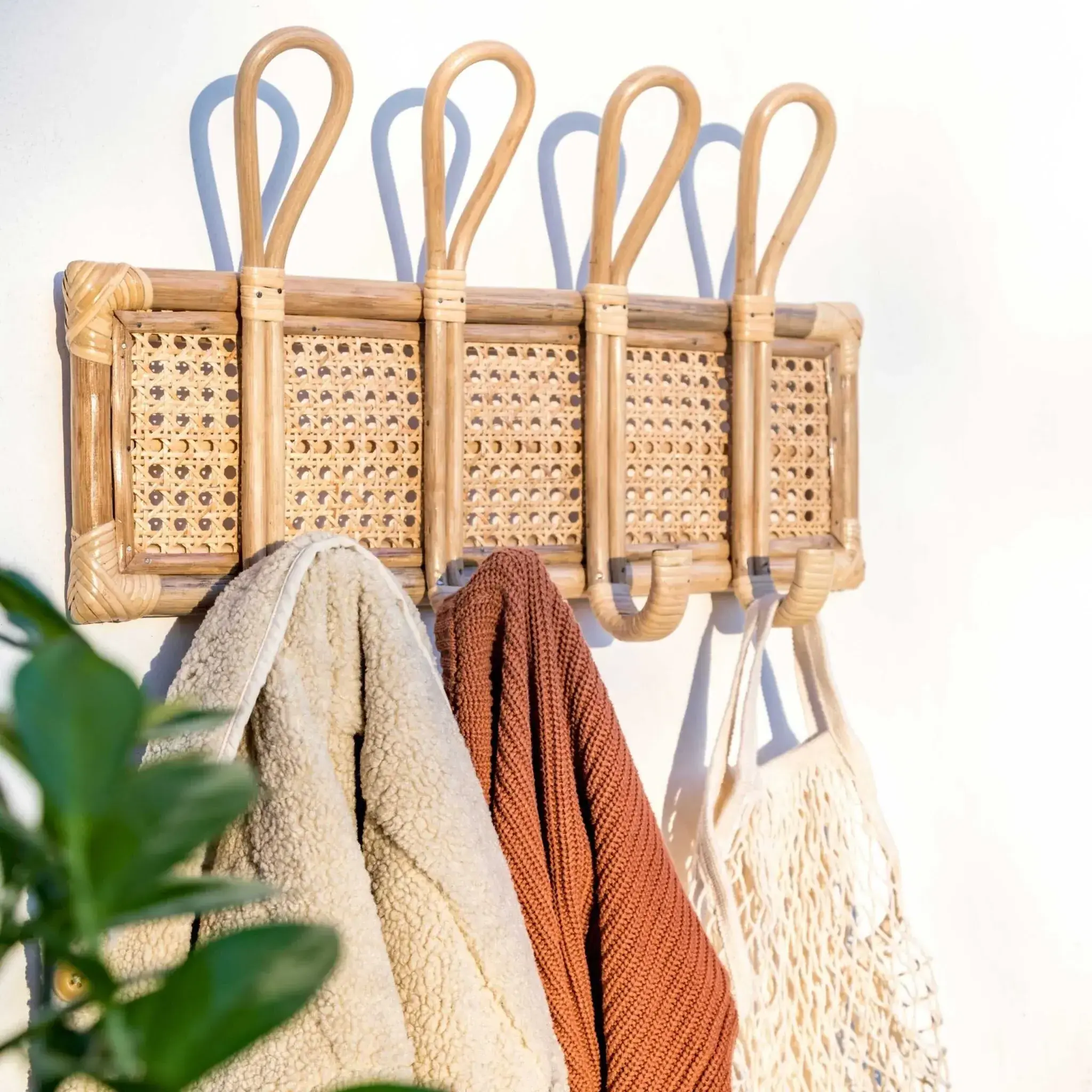 Essentials Rattan Wall Rack With Four Hooks Affordable Rattan Storage Racks For Home Decoration