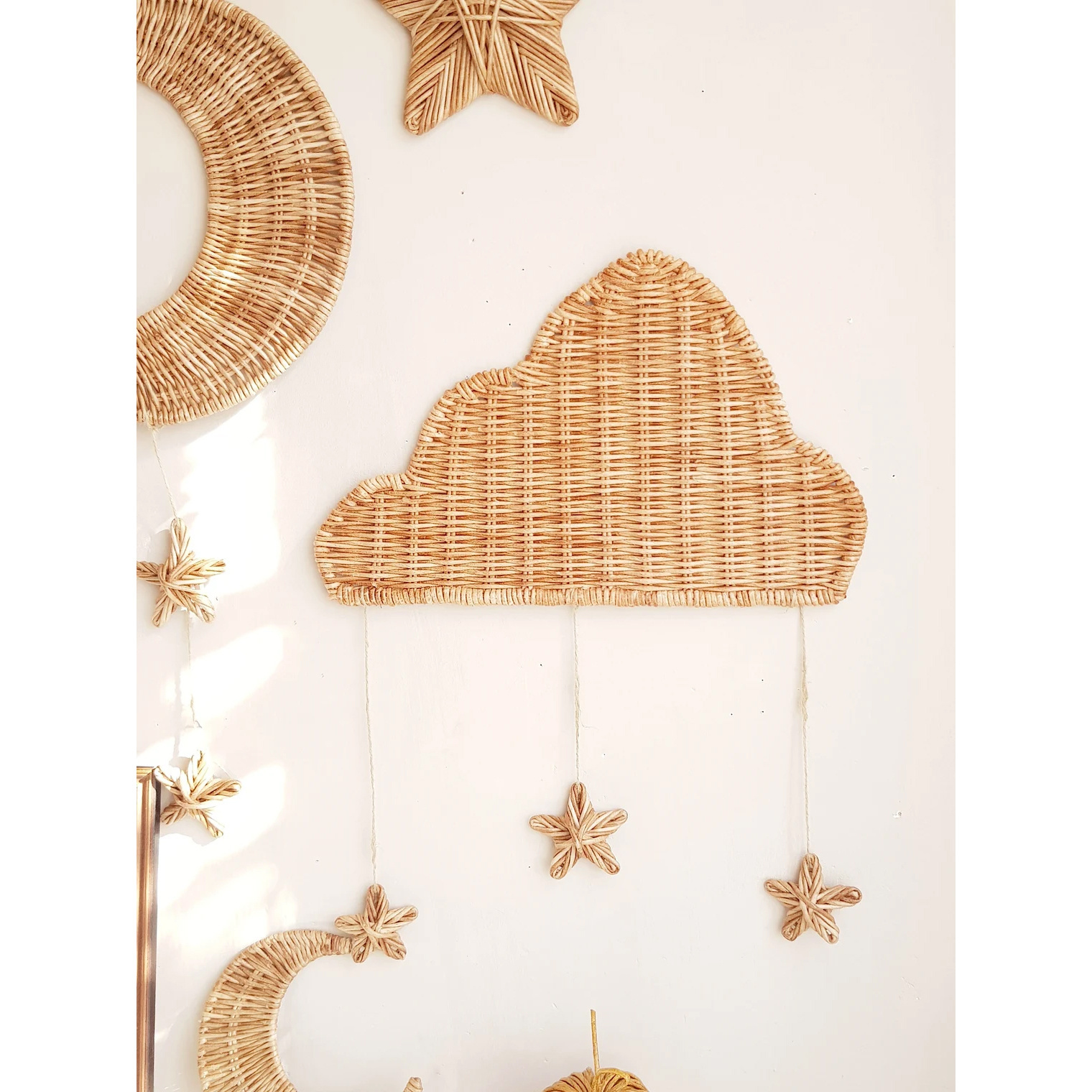 Hand woven natural decor rattan wall decor set moon & star decorations for children kids room new baby gift