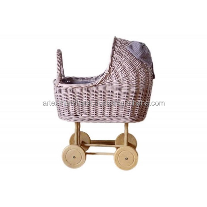 Best selling  Dirty Mint Wicker Pull Cart Baby Toddler Toys Rattan Doll Prams Rattan Wicker Stroller handmade in Vietnam