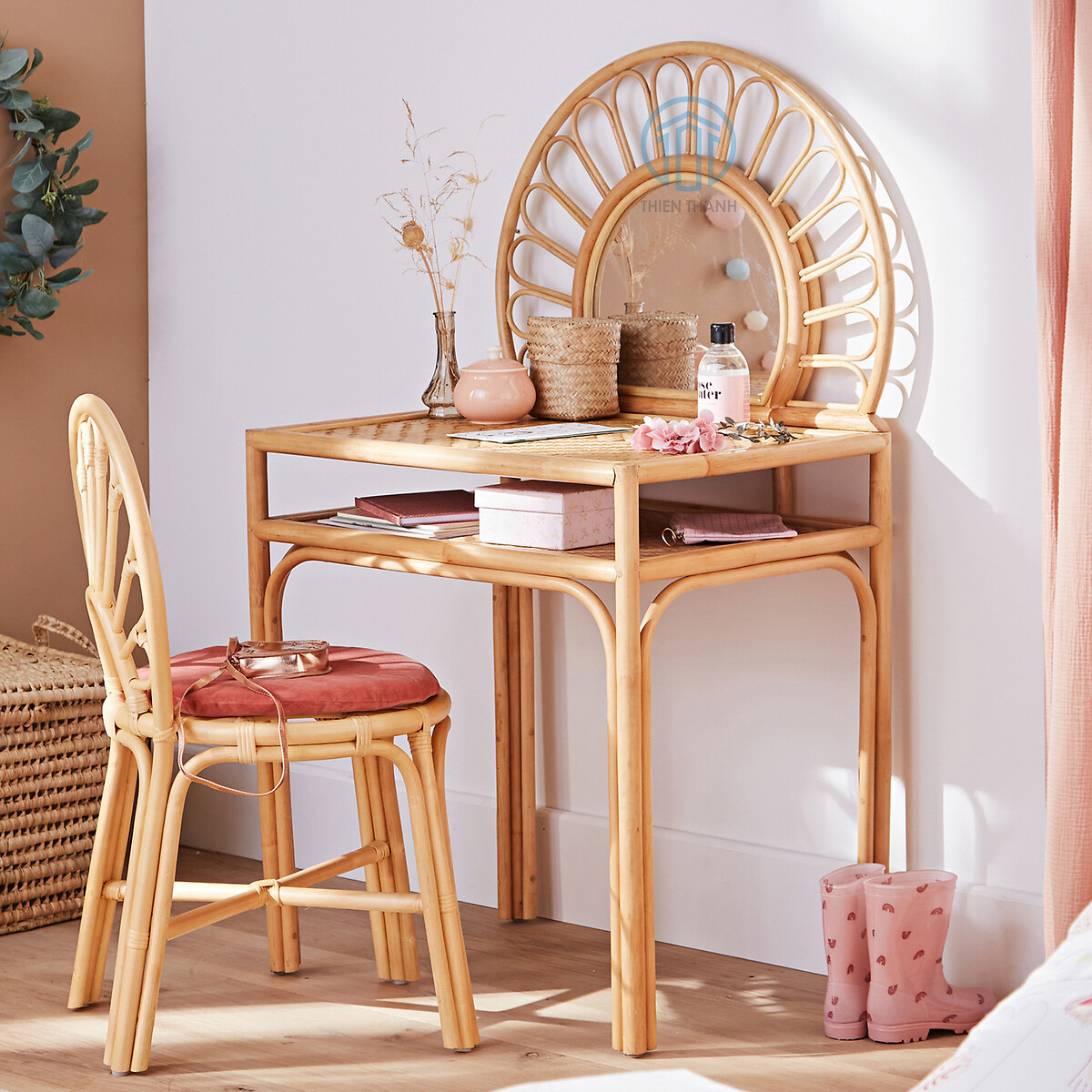 Natural handmade rattan dressing table with chair for kids, kids furniture made in Vietnam wholesale rattan vanity set