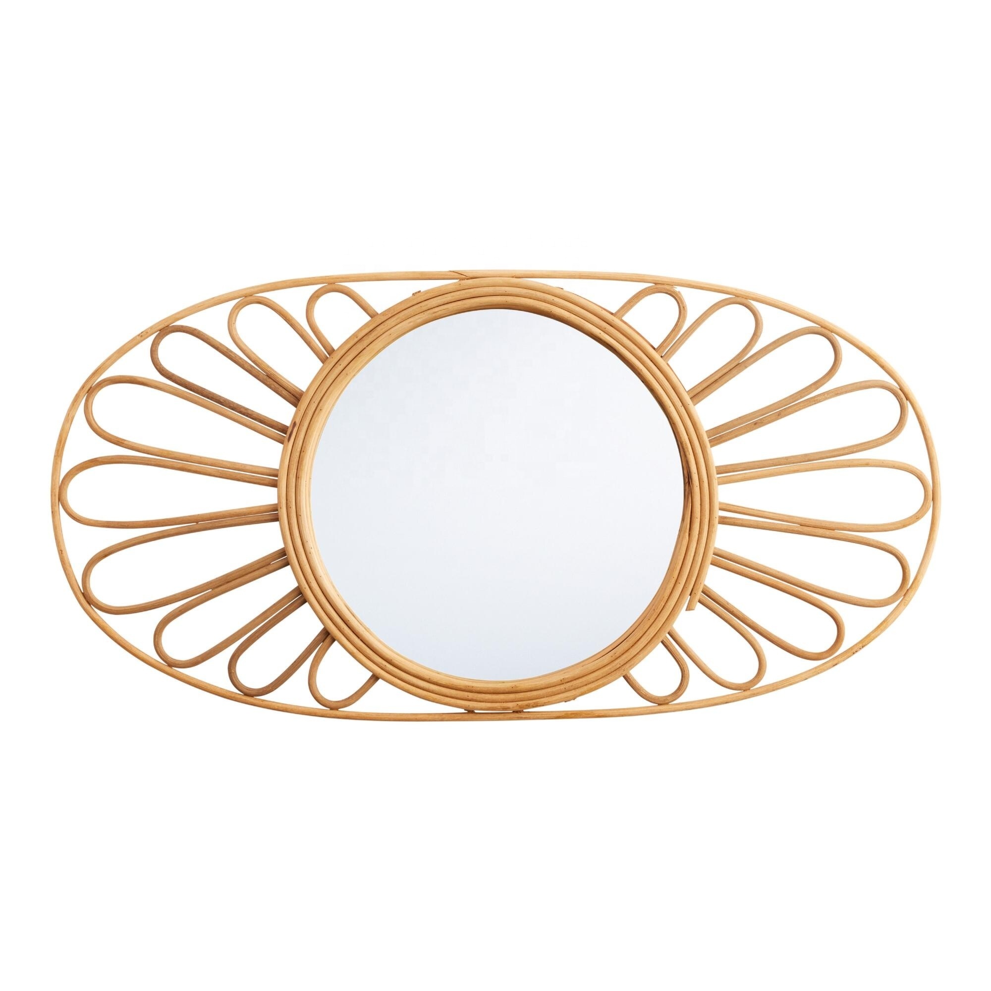 Factory Hot Sale Hand-woven Rattan Makeup Mirror Oval Natural Rattan Floral Wall Mirror Crafted of mirrored glass, MDF rattan