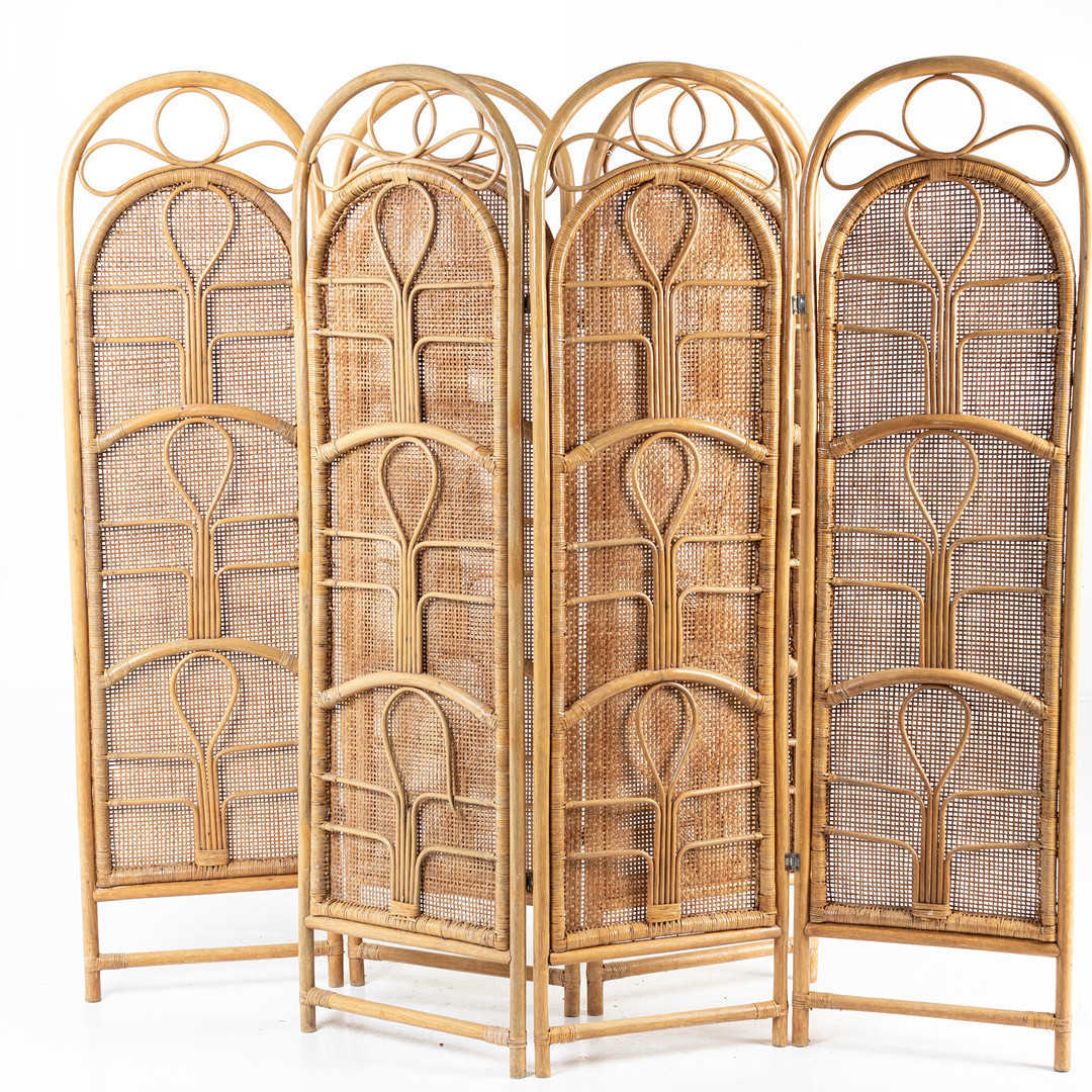 Vintage and Contemporary Style Folding Screen Webbing Rattan Room Divider Room Partition