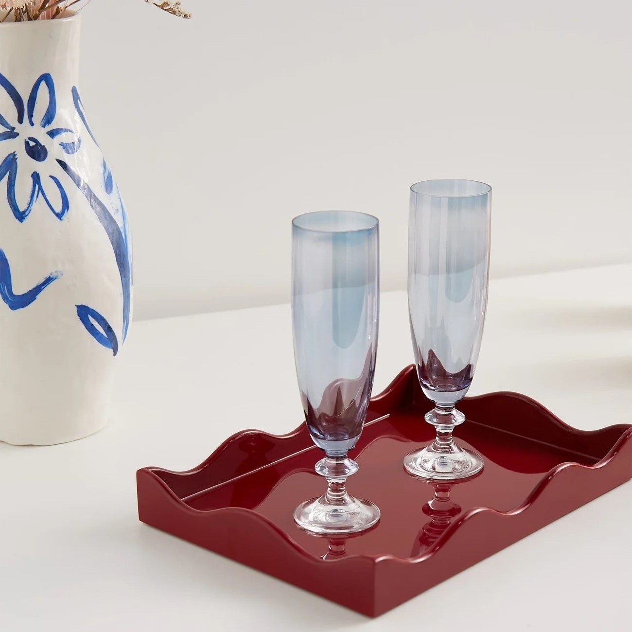 Modern Luxurious Wavy Edges Rosy Red Lacquer Tray High-gloss Lacquer Tray For Tea Coffee