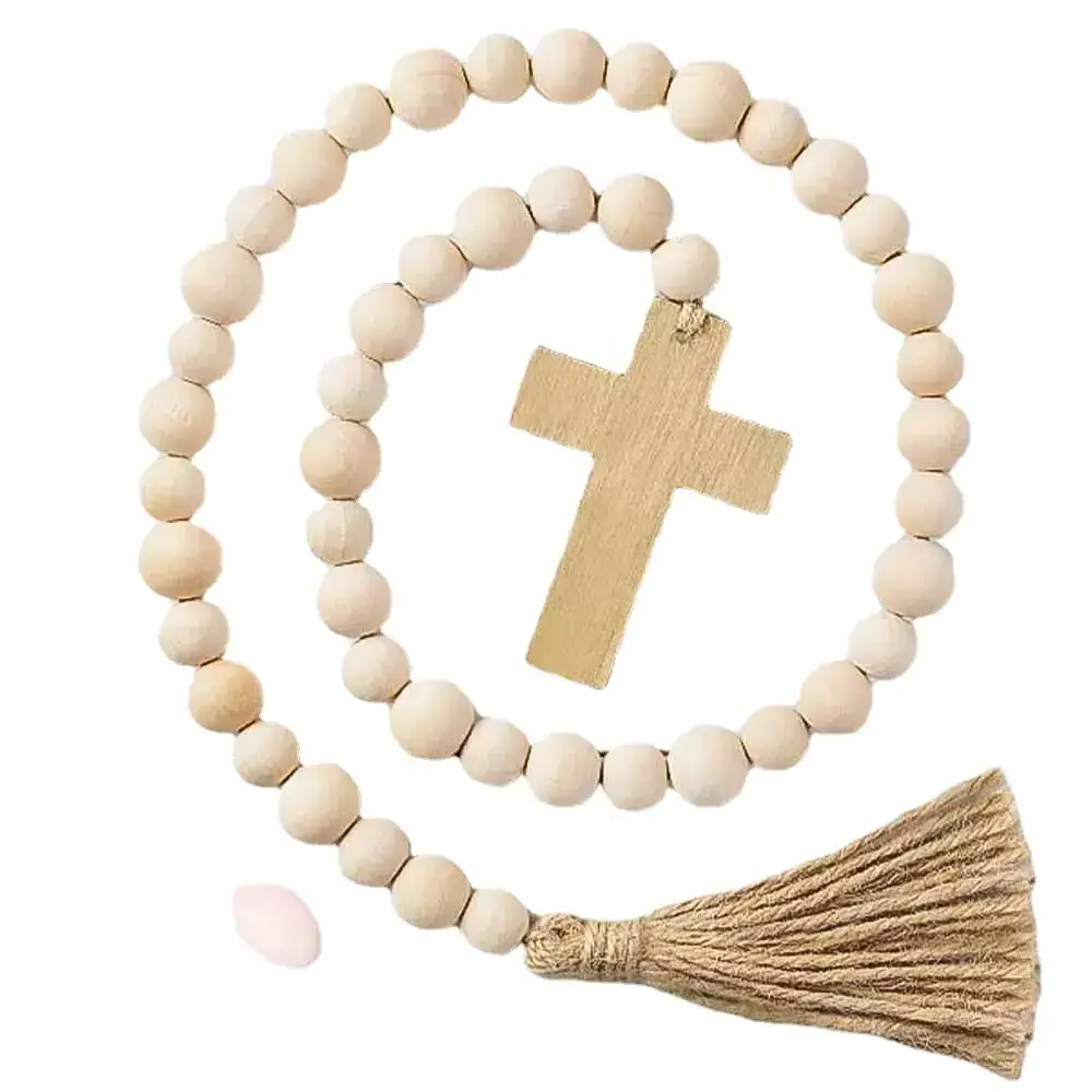 Easter Wood Bead Garland With Cross Tassel Hanging Ornament Home Decor For Garden Farmhouse Front Door Decoration Wholesale