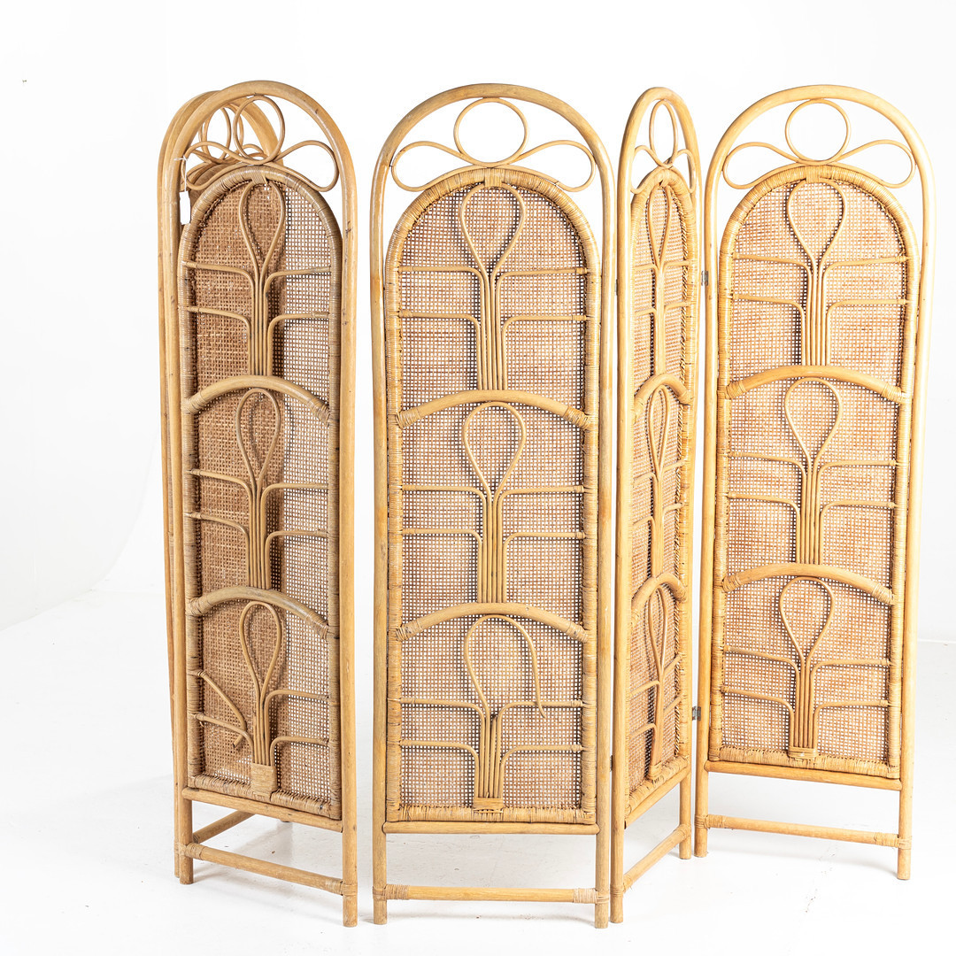 Vintage and Contemporary Style Folding Screen Webbing Rattan Room Divider Room Partition