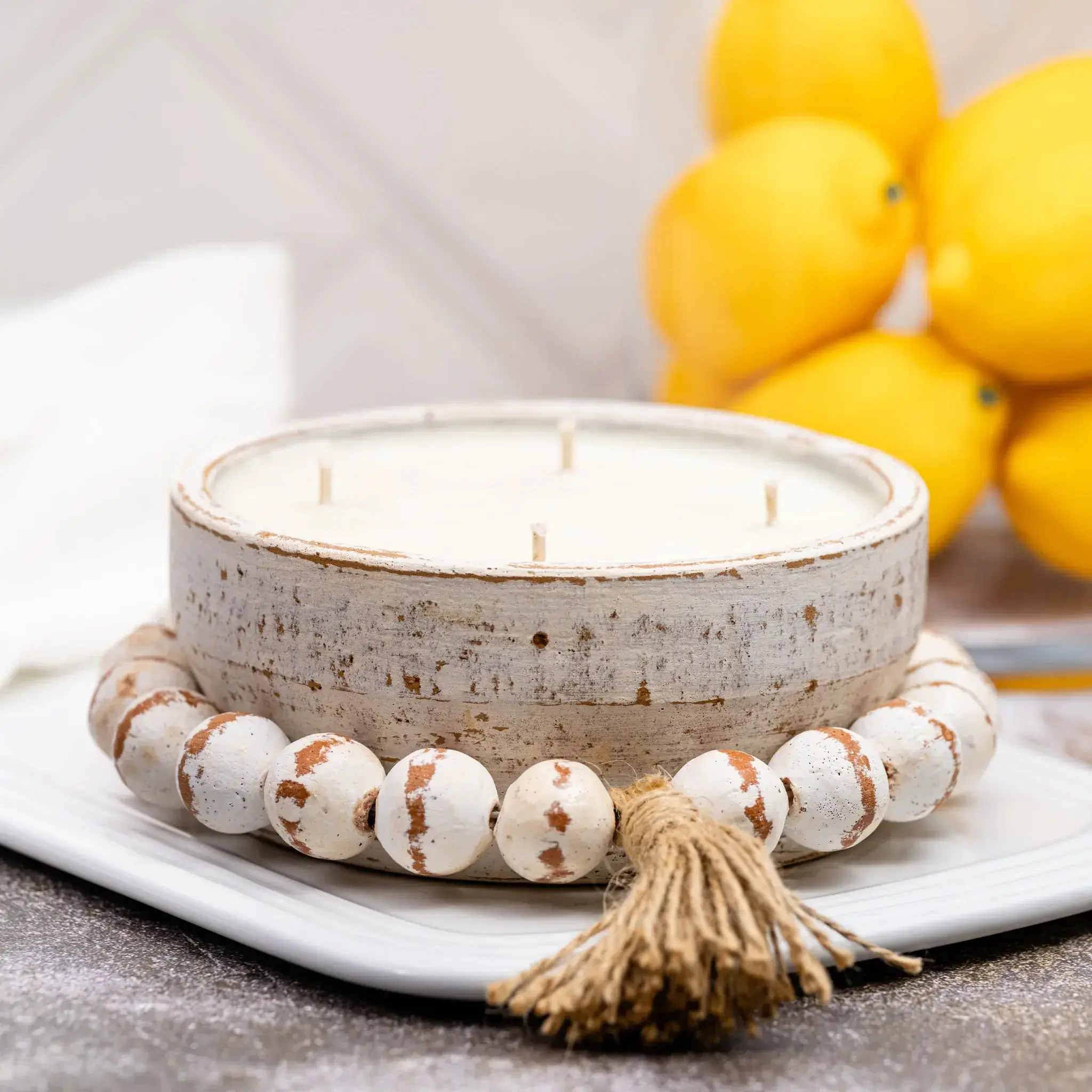 Boho Acacia Wooden Dough Bowl Candle Soy Wax Round Beaded Bowl Candle 3 Wick Candle Essential Oil Wax Melts For Relaxing Bath