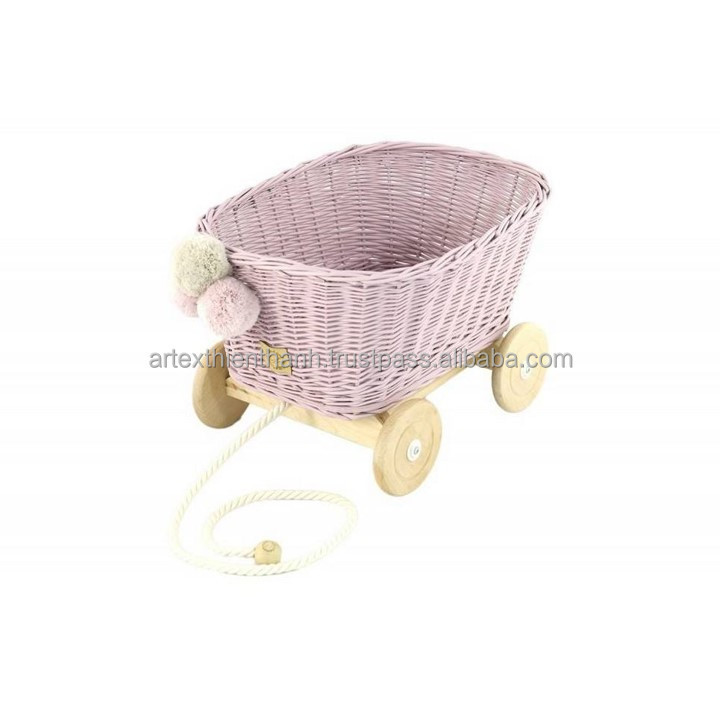 Nice Looking Dirty Mint Wicker Pull Cart  Baby Toddler Toys Rattan Doll Prams Rattan Wicker Stroller handmade in Vietnam