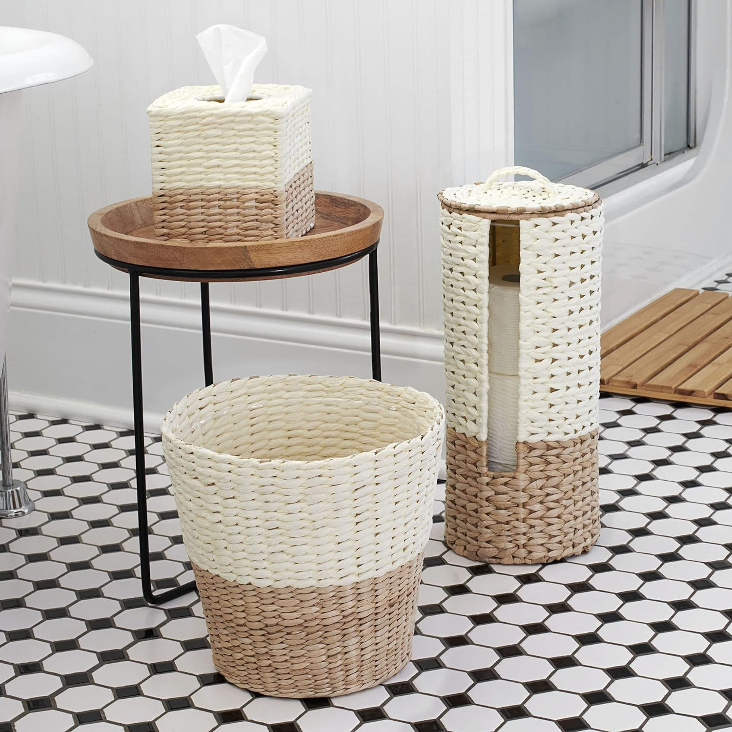 Essentials Set of 3 Pieces Hand Woven Water Hyacinth Garbage Bin Toilet Paper Holder and Tissue Box For Bathroom