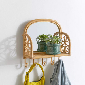 Whimsical Charm Daisy Rattan Wall Multi-Hook Shelf With An Integrated Mirror Decorations For Kids And Nursery Baby Room