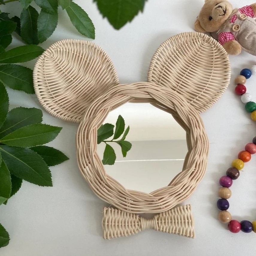 Eye-catching Cute Rattan Mouse Ear Mirror Wall Decoration Baby & Kids Natural Material Safe For Kids Handmade From Vietnam