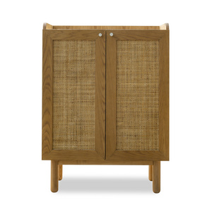 Natural Solid Oak 2-Doors Accent Storage Rattan Cabinet Kitchen Buffet Sideboard Cabinet for Entryway With Adjustable Shelf