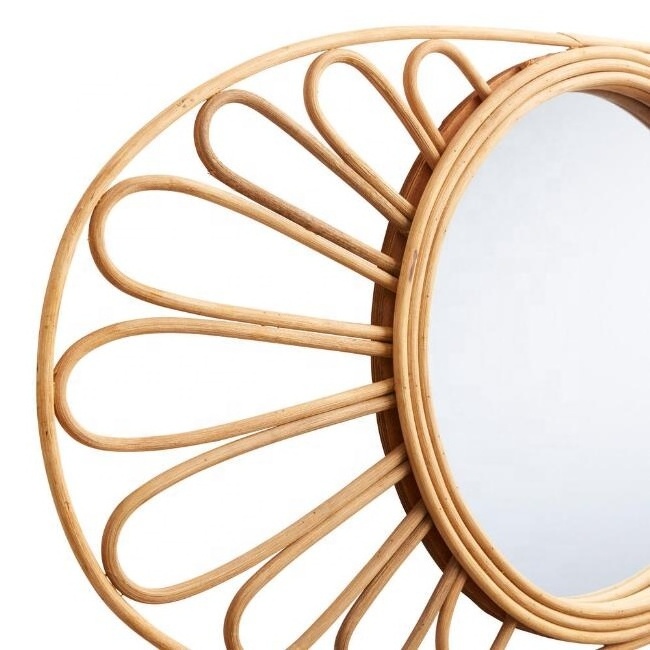 Factory Hot Sale Hand-woven Rattan Makeup Mirror Oval Natural Rattan Floral Wall Mirror Crafted of mirrored glass, MDF rattan