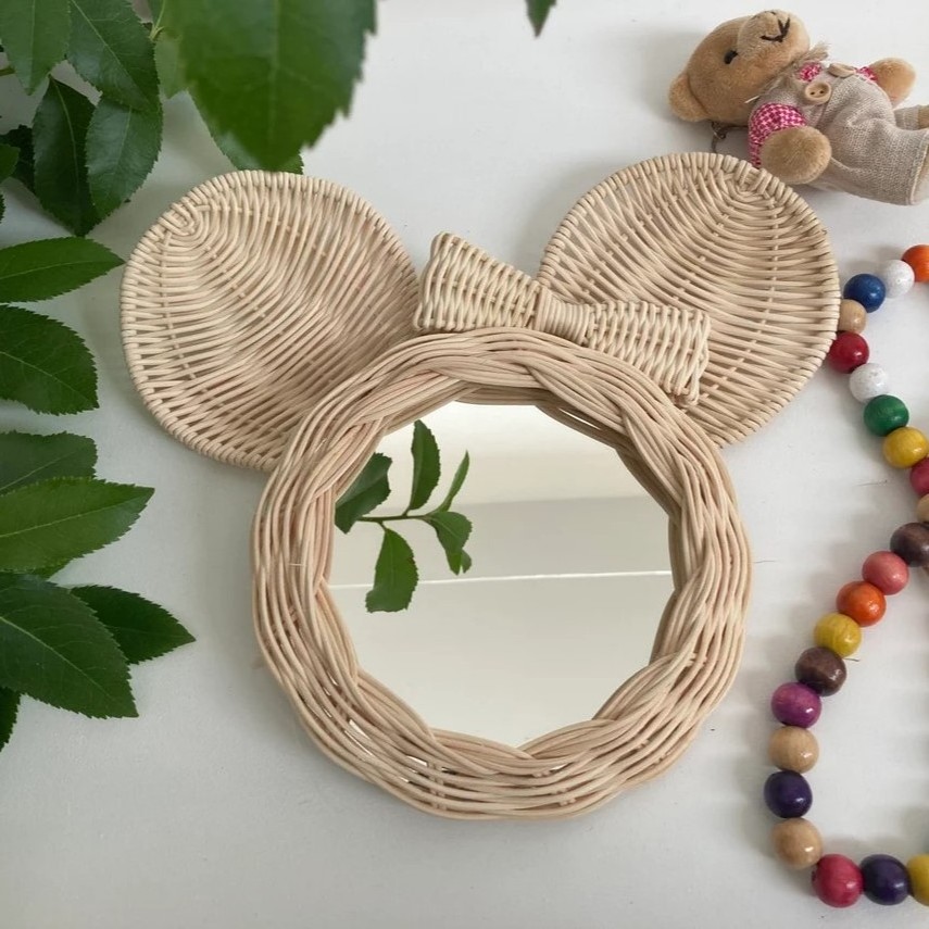 Eye-catching Cute Rattan Mouse Ear Mirror Wall Decoration Baby & Kids Natural Material Safe For Kids Handmade From Vietnam