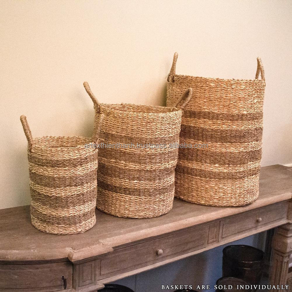 Factory Basket In Door Sea Grass Straw Material High Quality Home Handmade Woven Decorative Storage Laundry Baskets