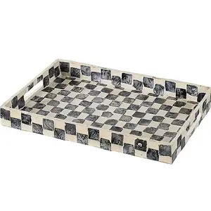 Hot trend Rectangle serving tray with plaid pattern Mother of pearl serving tray handle for fruit and chocolate display