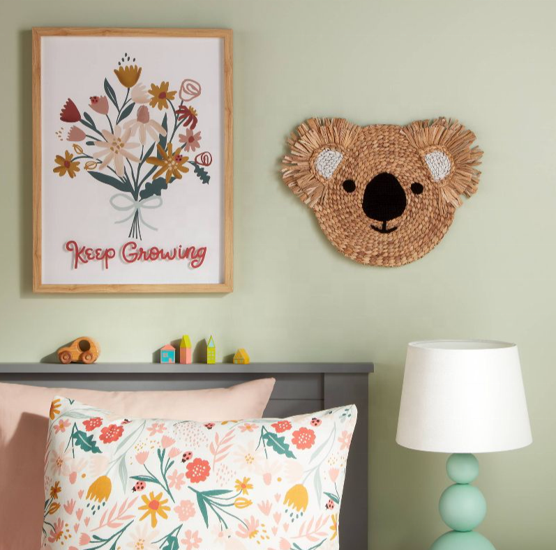 Hot Animal Cartoon Head Wall Hangings For Kids Bedroom Home Decor Water Hyacinth Koala Head Wall Decor Natural