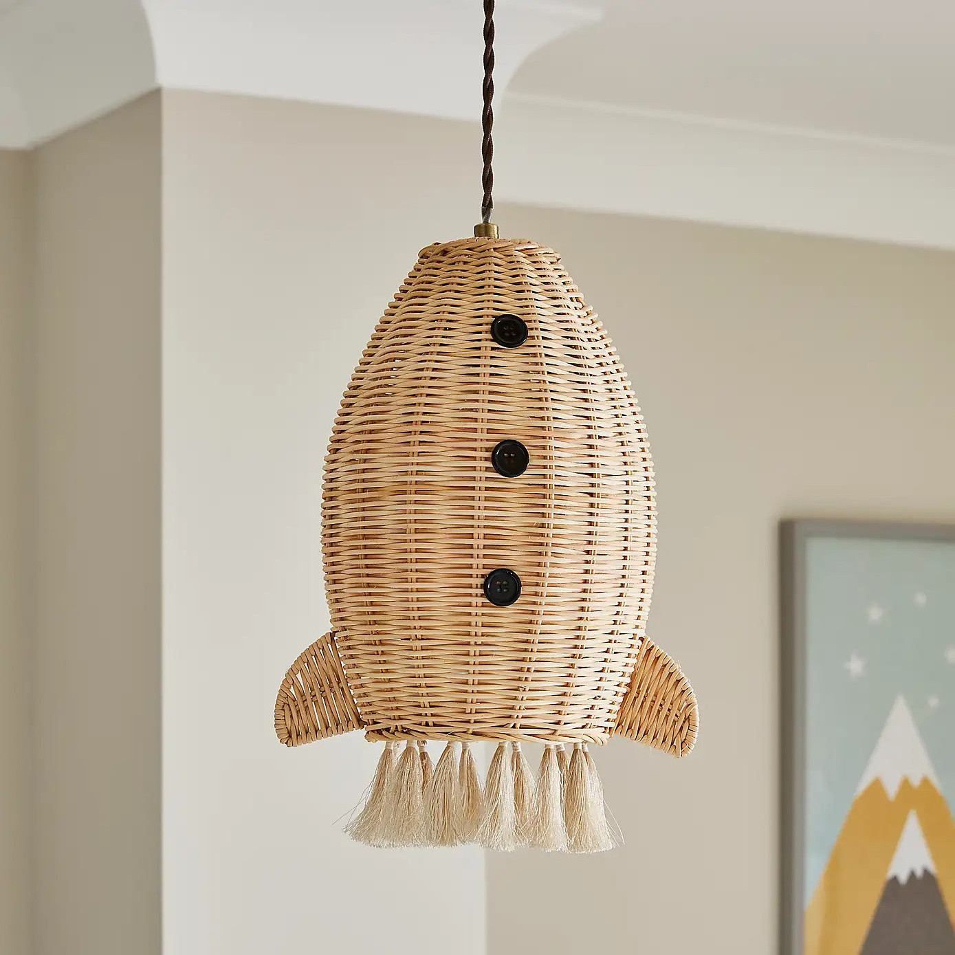 New Collection Hot Trend Adorable Natural Handmade Nursery Decor Wicker Rattan Hanging Rocket Lampshade