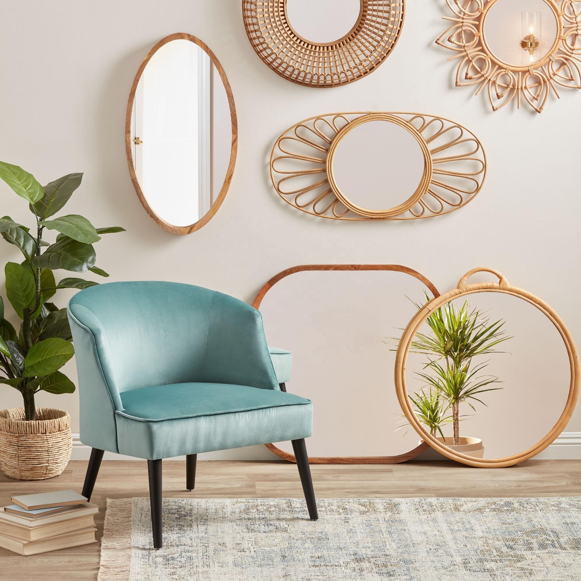 Factory Hot Sale Hand-woven Rattan Makeup Mirror Oval Natural Rattan Floral Wall Mirror Crafted of mirrored glass, MDF rattan