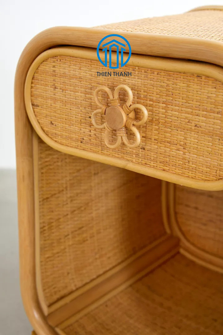 Exotic Coastal Vibes Truly Unique Spacious Drawer Accented With A Flower Shaped Pull Rattan Night Stand Side Table Cabinet