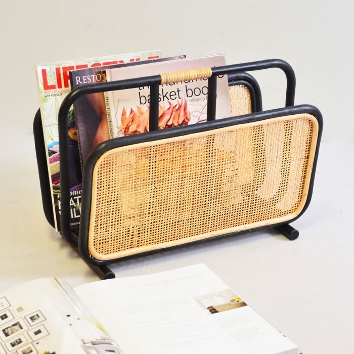 Elegant handcrafted rattan newspaper and magazine display stand rack natural & black magazine racks file holder wholesale