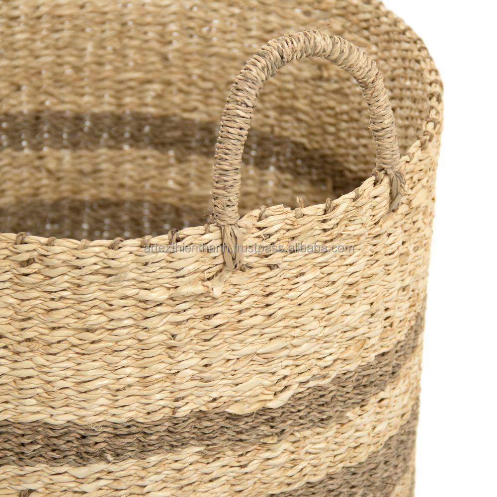 Factory Basket In Door Sea Grass Straw Material High Quality Home Handmade Woven Decorative Storage Laundry Baskets