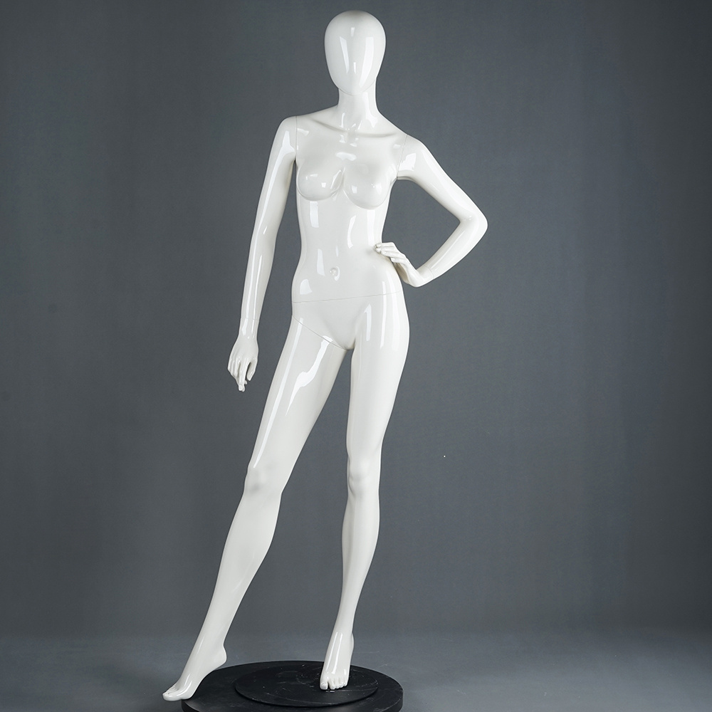 Standing female full body mannequin glossy egg head fiberglass clothes display mannequin for sale