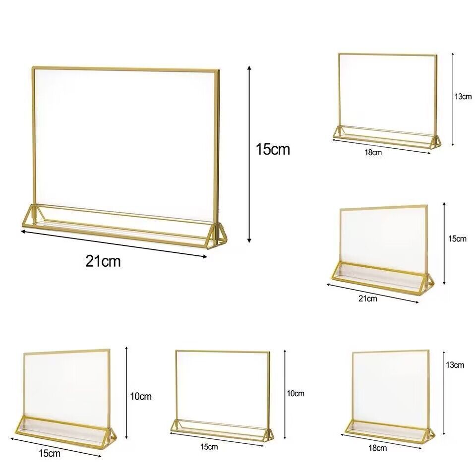 Double-Side Clear Frame Acrylic Sign Holders with Golden Border Portrait View for Display Stand or Store Made of Plastic Wood