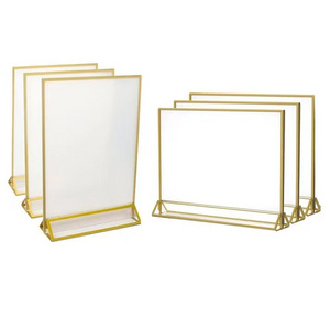 Double-Side Clear Frame Acrylic Sign Holders with Golden Border Portrait View for Display Stand or Store Made of Plastic Wood