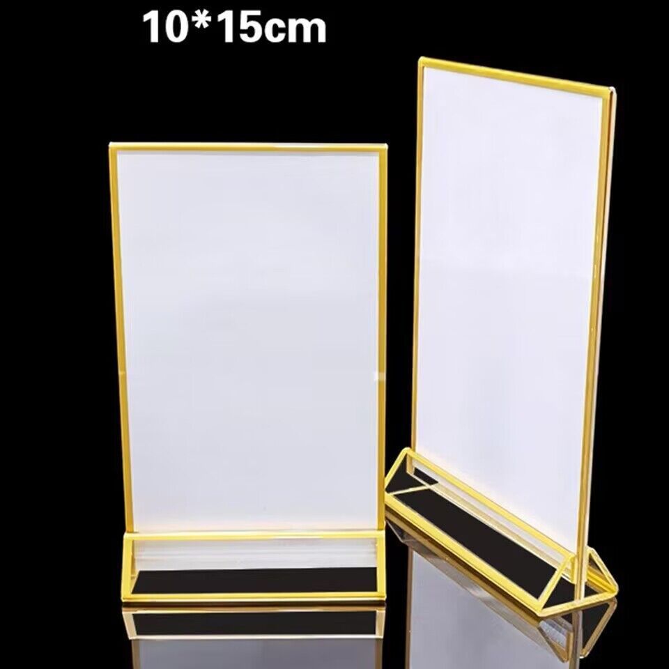 Double-Side Clear Frame Acrylic Sign Holders with Golden Border Portrait View for Display Stand or Store Made of Plastic Wood