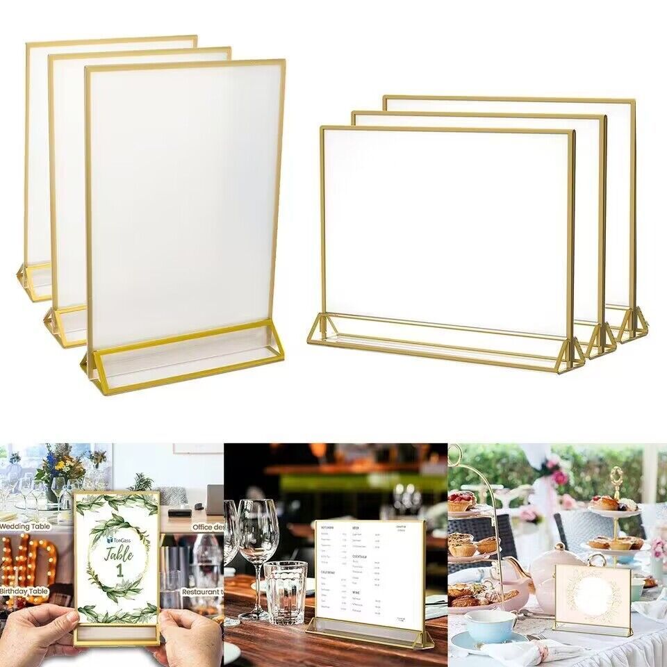 Double-Side Clear Frame Acrylic Sign Holders with Golden Border Portrait View for Display Stand or Store Made of Plastic Wood