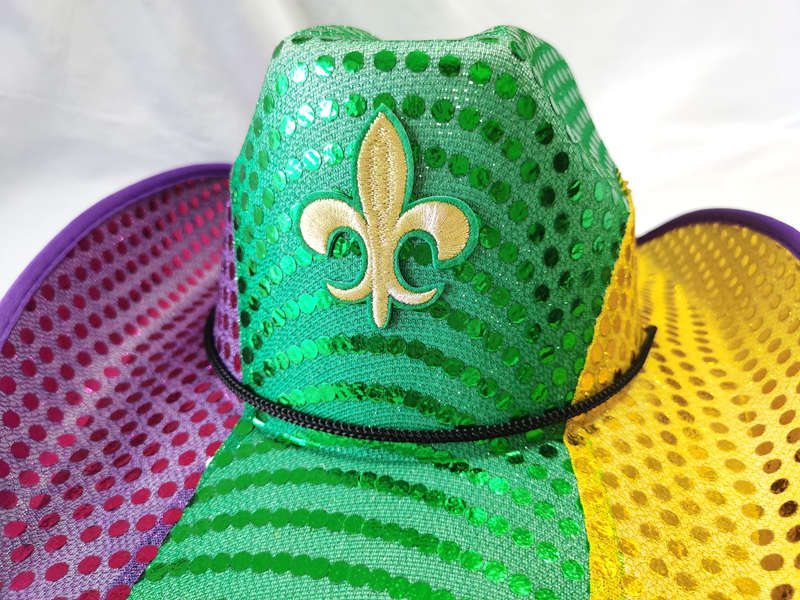 Custom Purple Green Gold Mardi Gras Sequin Cowboy Hat with Fleur De Lis Patch