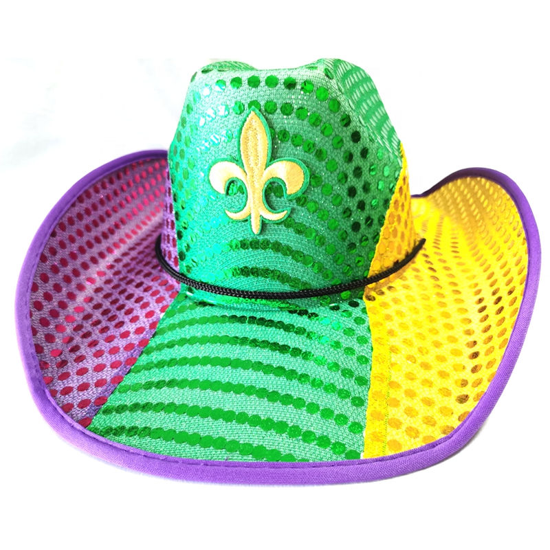 Custom Purple Green Gold Mardi Gras Sequin Cowboy Hat with Fleur De Lis Patch