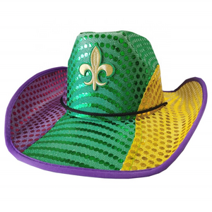 Custom Purple Green Gold Mardi Gras Sequin Cowboy Hat with Fleur De Lis Patch