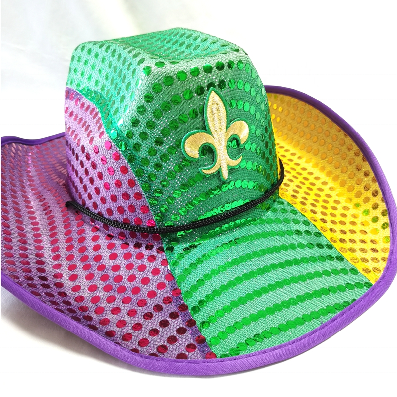 Custom Purple Green Gold Mardi Gras Sequin Cowboy Hat with Fleur De Lis Patch