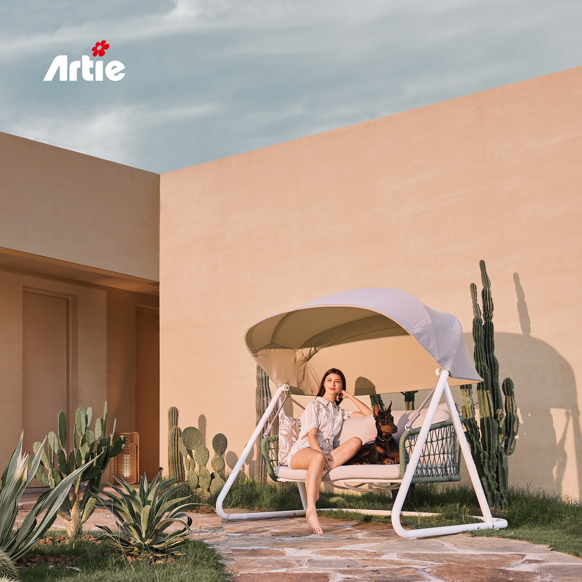 Artie Balcony Furniture Outdoor Furniture Hanging Patio Swing Chair Aluminum Frame Double Seater Rope Patio Swing