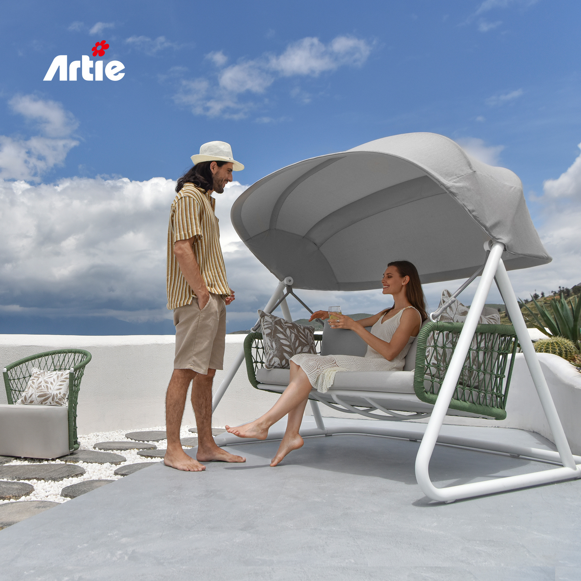 Artie Balcony Furniture Outdoor Furniture Hanging Patio Swing Chair Aluminum Frame Double Seater Rope Patio Swing