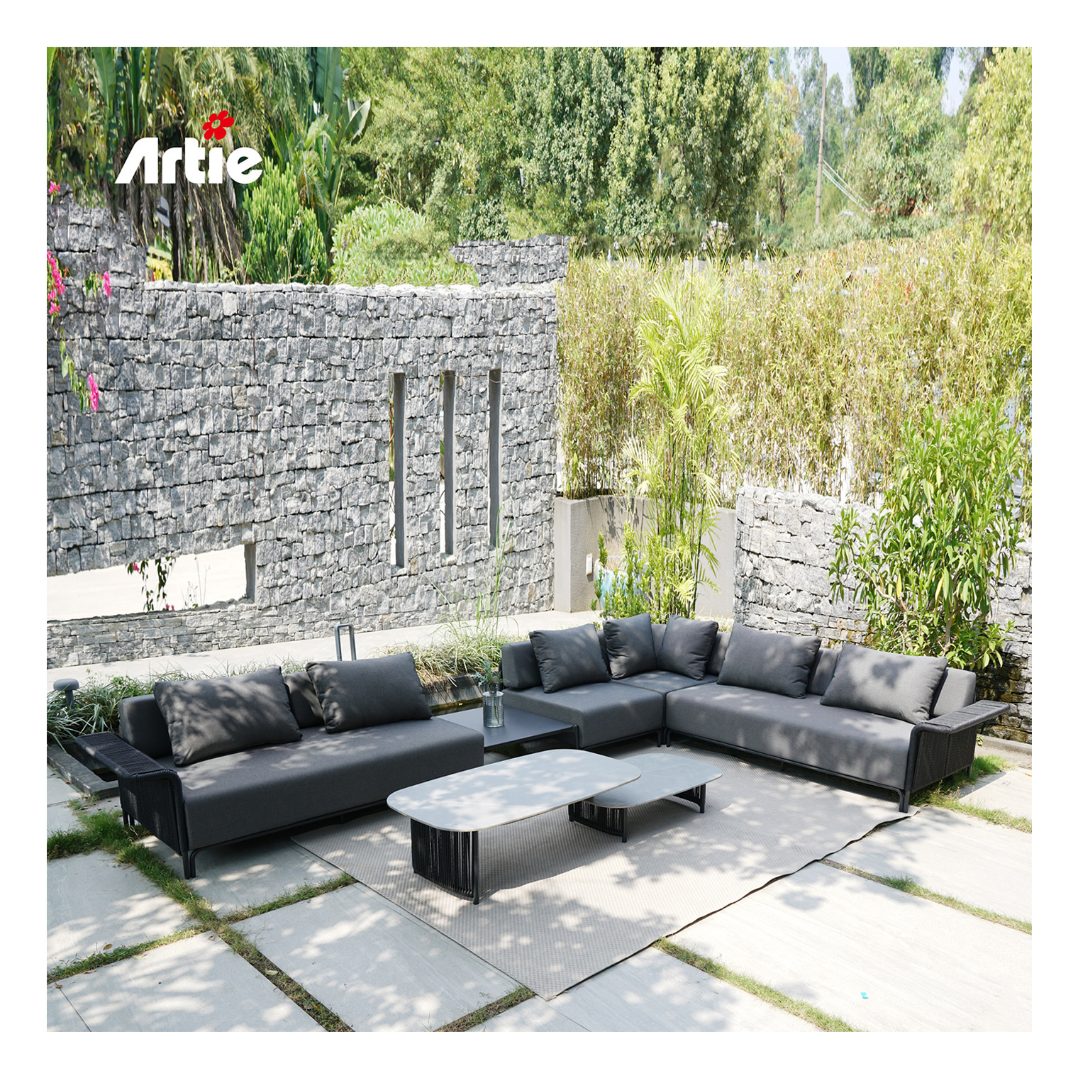 Artie Luxury Garden Lounge Set L Shape Outdoor Sofa Modern Hotel Patio Furniture Set Cover Outdoor Sectional Sofa