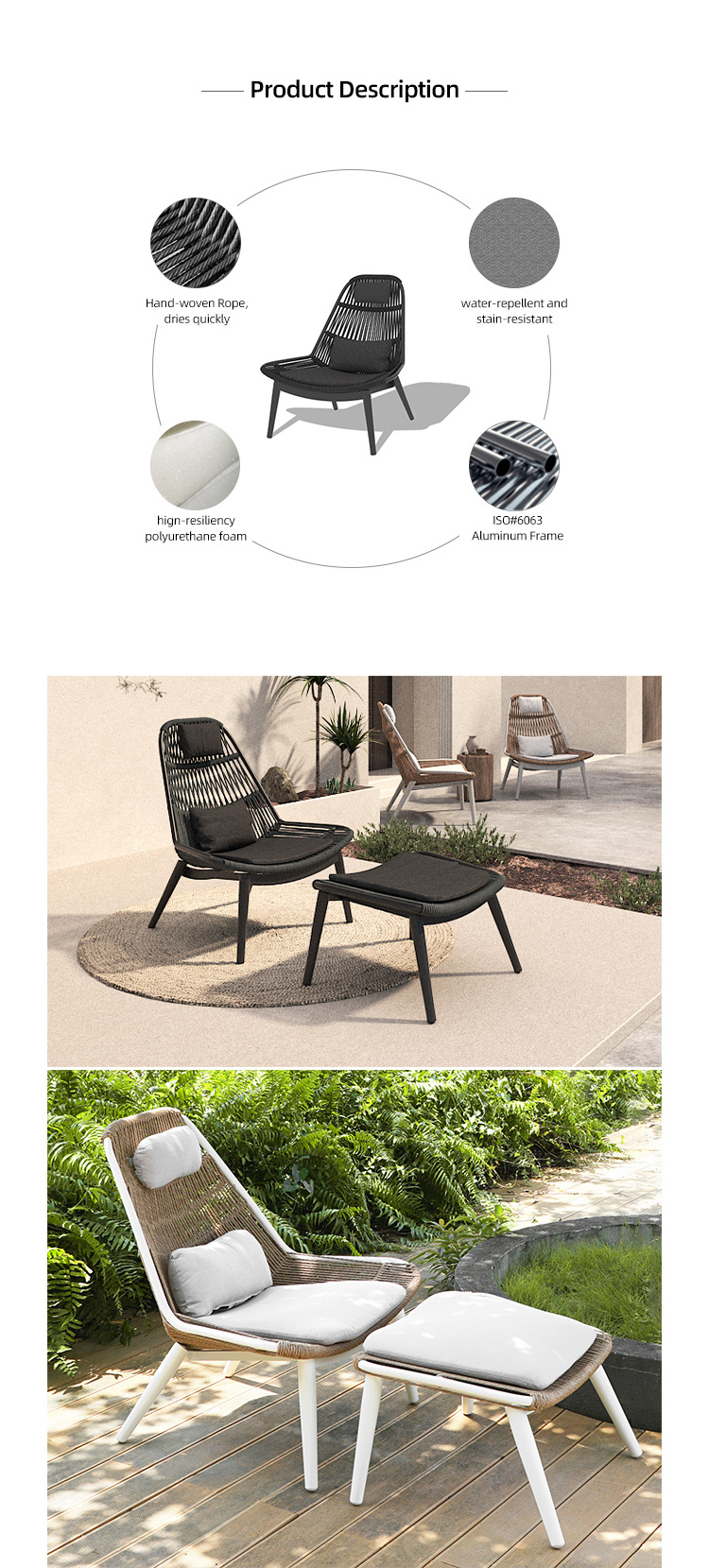 Artie Modern Single Sofa Chair Garden Furniture Patio Sets Balcony Wicker Chair with ottoman