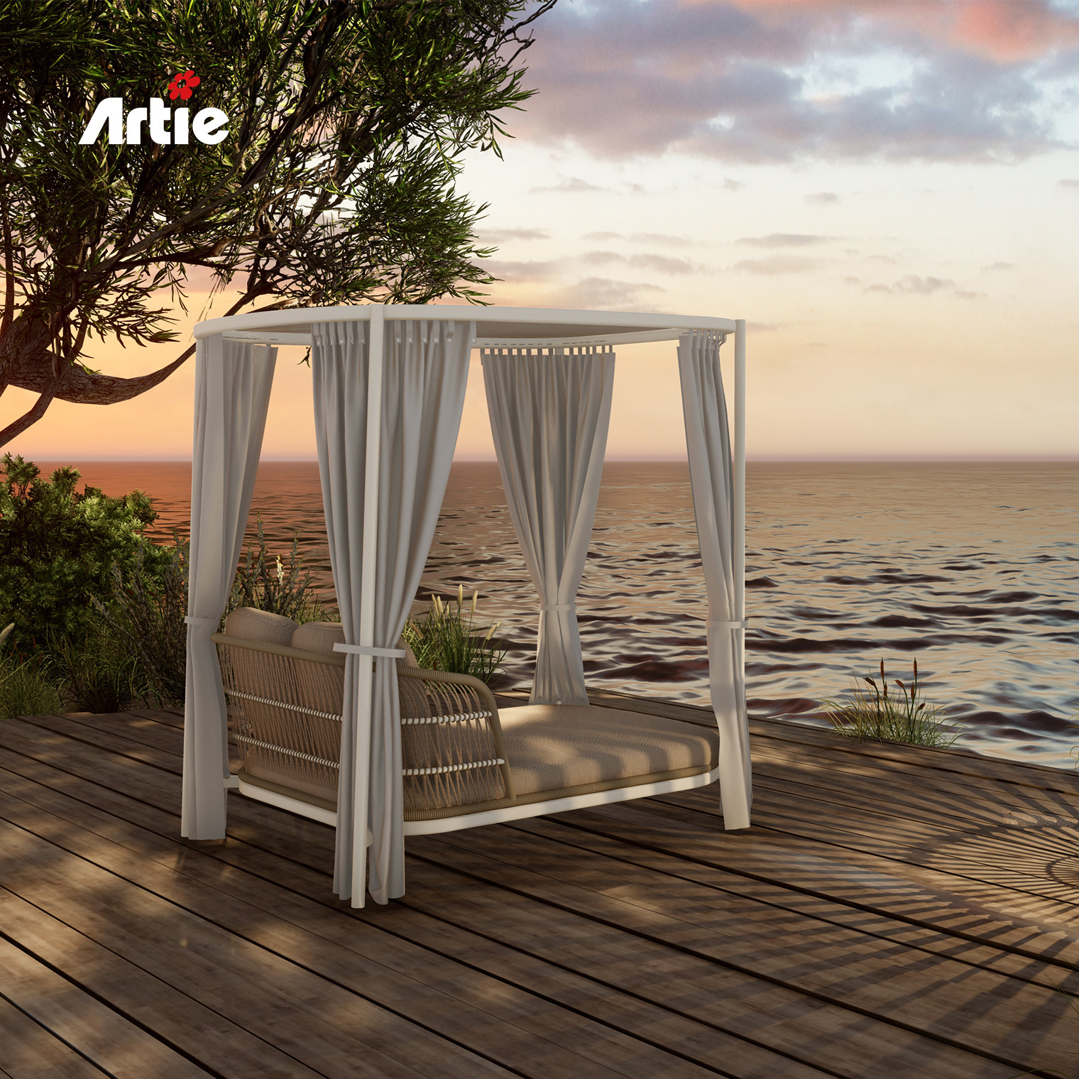 Artie Modern Rattan Daybed Beach Cabana Beds Luxury Hotel Outdoor Furniture Pool Cabana Outdoor Daybed