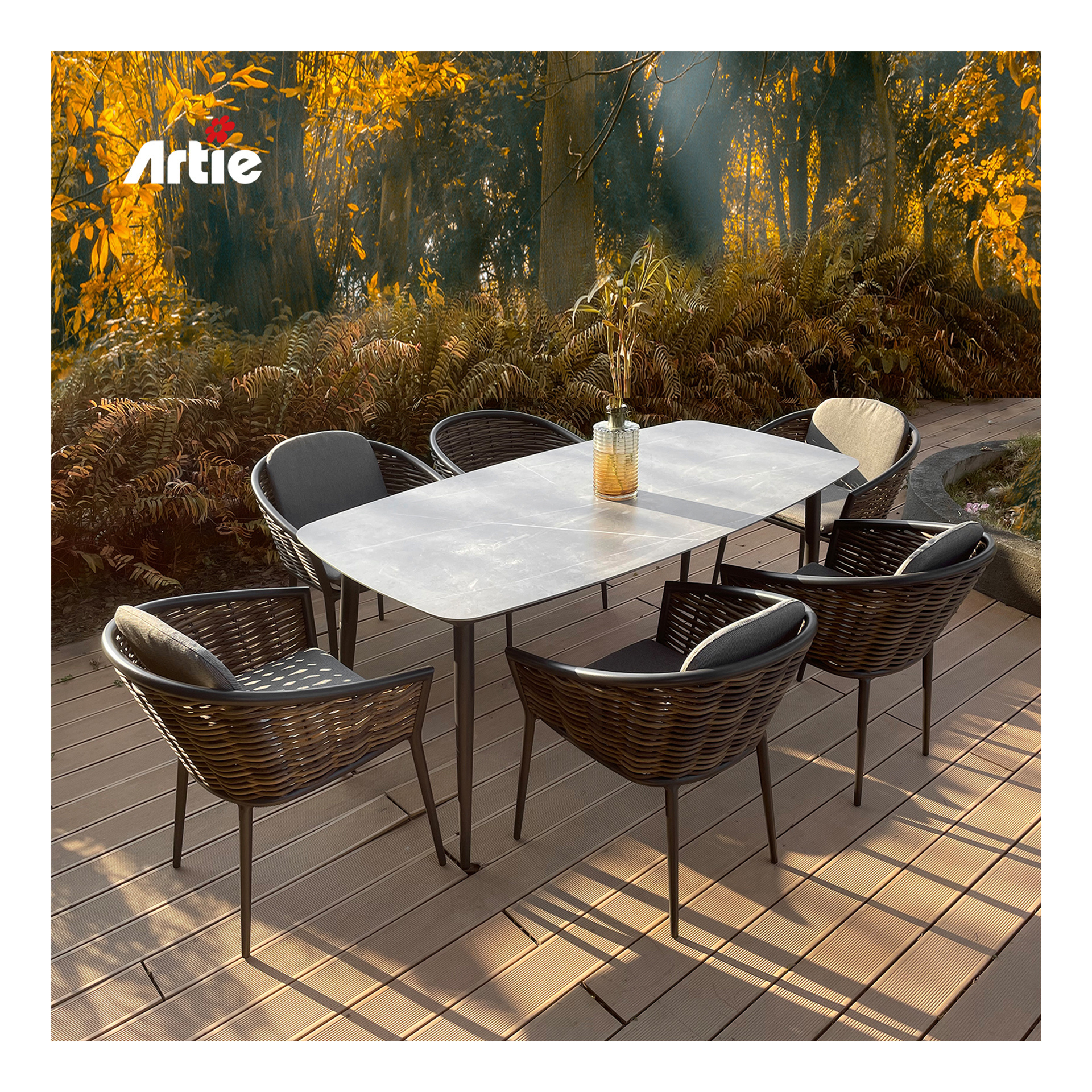 Artie Rattan Restaurant Dining Furniture Garden Table Set Aluminium Garden Outdoor Dining Set Patio Furniture Sets