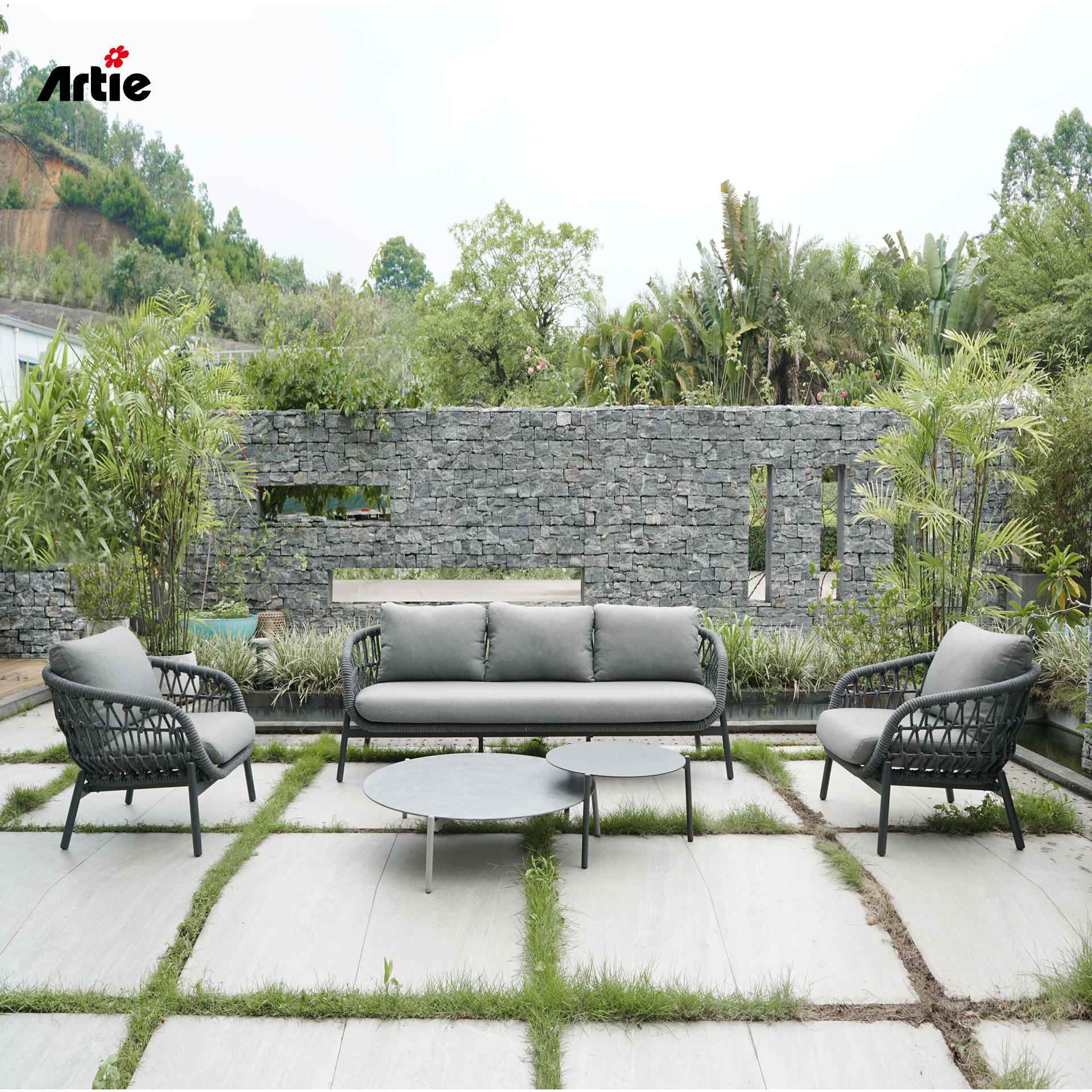 Artie Modern Leisure Patio Wicker Sofa Garden Terrace Furniture Waterproof Rope Woven Outdoor Sofa Set